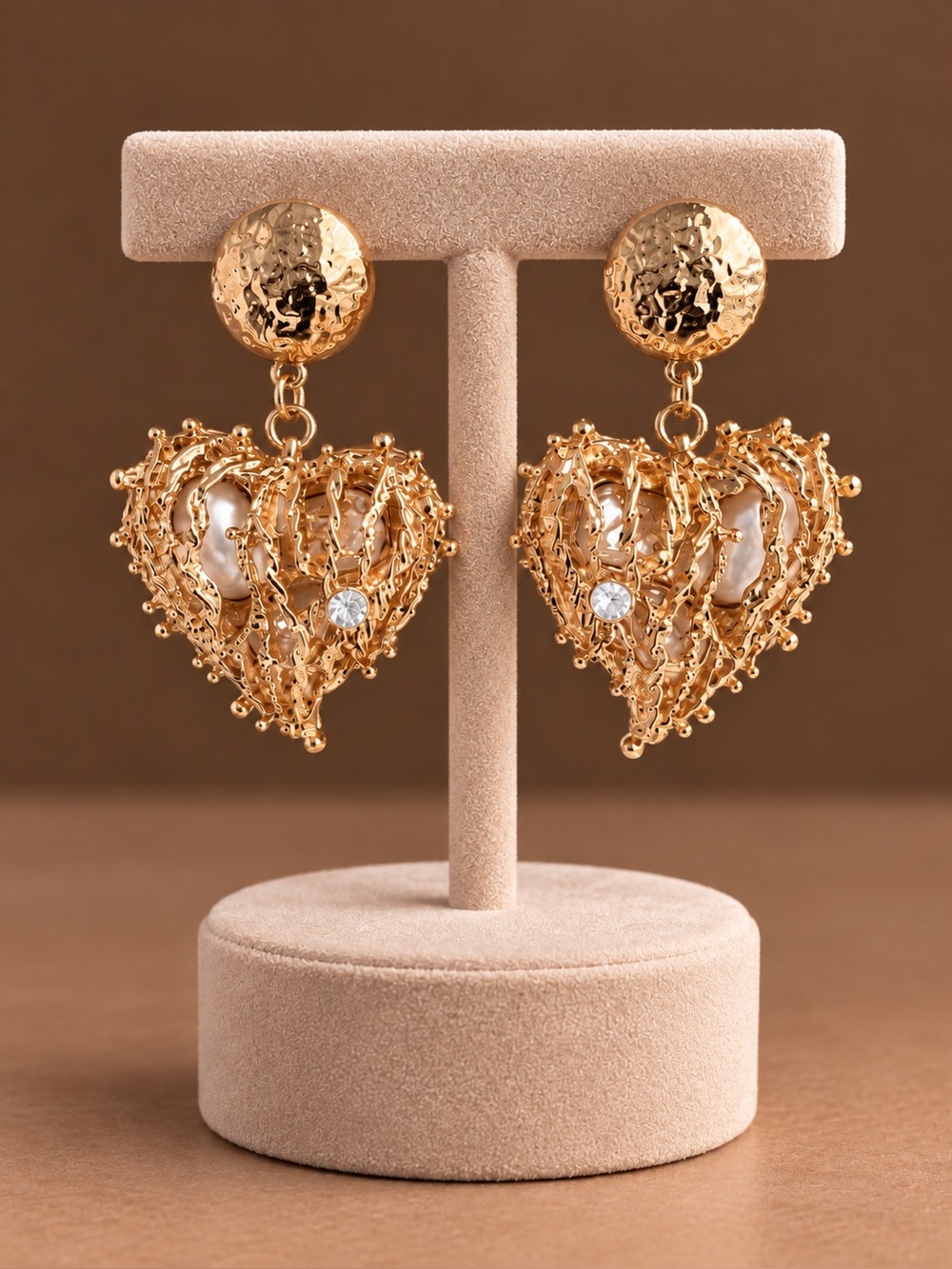 Gold Heart Drop Earrings with Pearl Accent